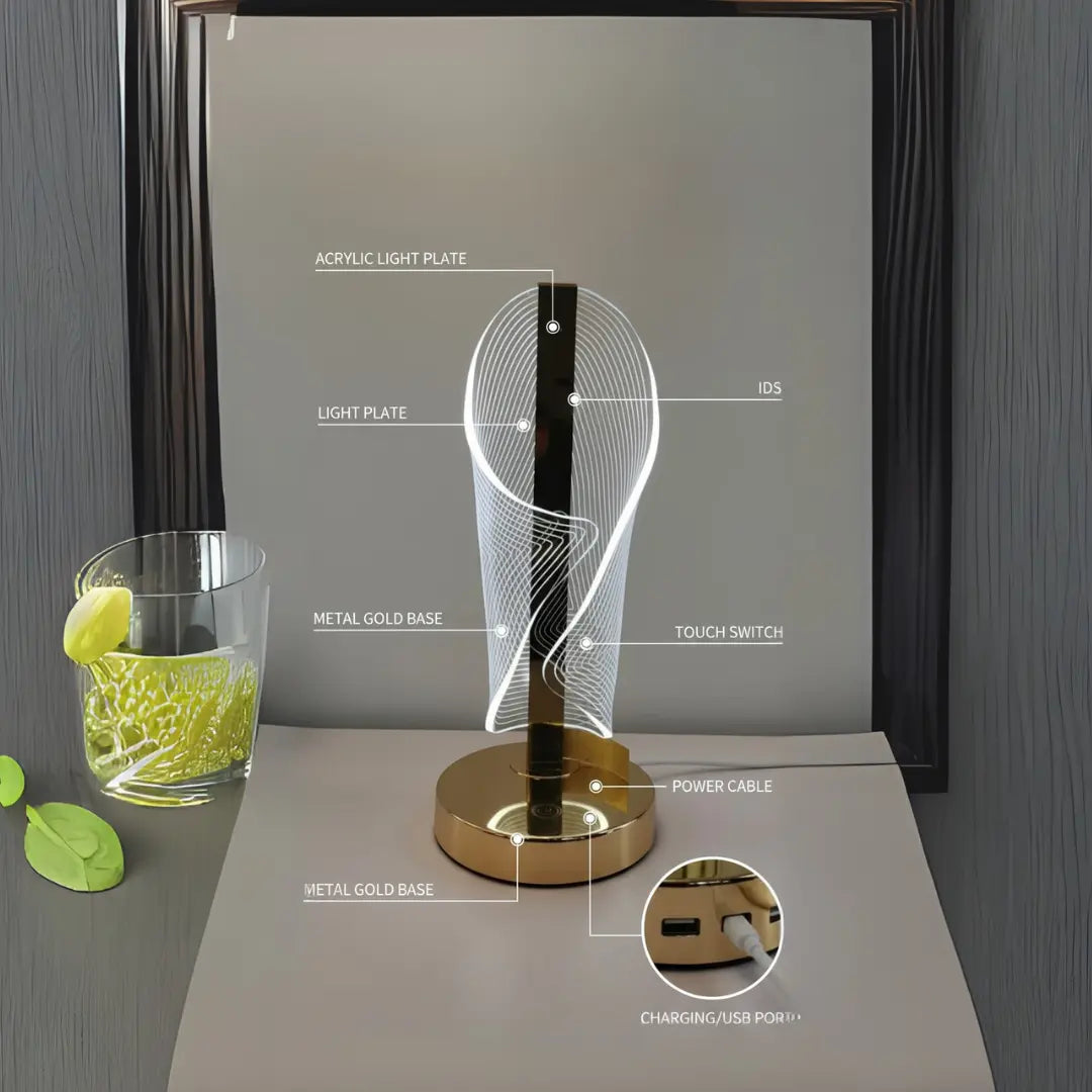 FUTURKART Spiral Glow Table Lamp – 3‑Mode LED, Gold Base, Clear Acrylic Panel, Push Button Control