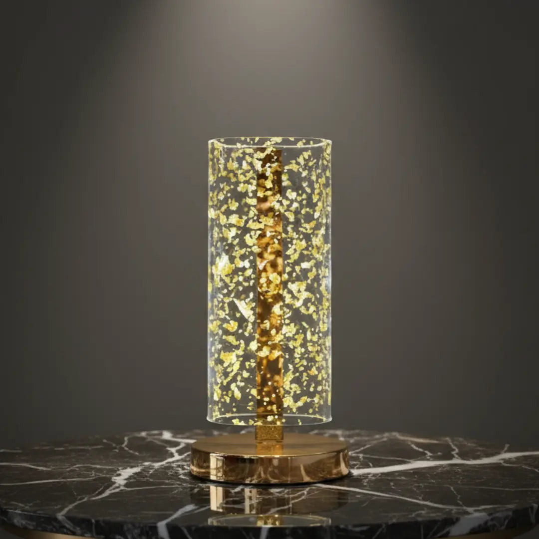 FUTURKART Modern Round Base Gold Acrylic Table Lamp – 3-Color LED, Push Button, Rechargeable, Stylish Home & Desk Lighting