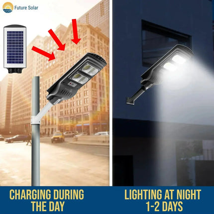 Solar street light with charging during the day and lighting at night features, branded 'Futurkart.'
