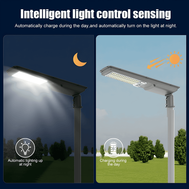 Solar street light with day and night functionality, charging during the day and lighting up at night.
