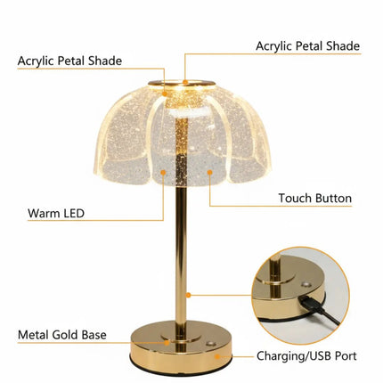 FUTURKART Modern Floral Rechargeable Gold Acrylic Table Lamp – 3‑Color LED, Touch Control, Portable Desk & Bedside Lighting - FUTURKART