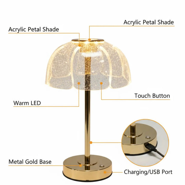 FUTURKART Modern Floral Rechargeable Gold Acrylic Table Lamp – 3‑Color LED, Touch Control, Portable Desk & Bedside Lighting - FUTURKART