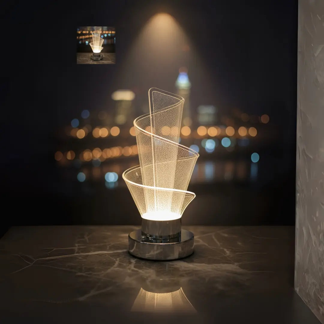 FUTURKART Modern Spiral Bedside Lamp – 3‑Mode LED, Touch Button, Premium Chrome Acrylic Body