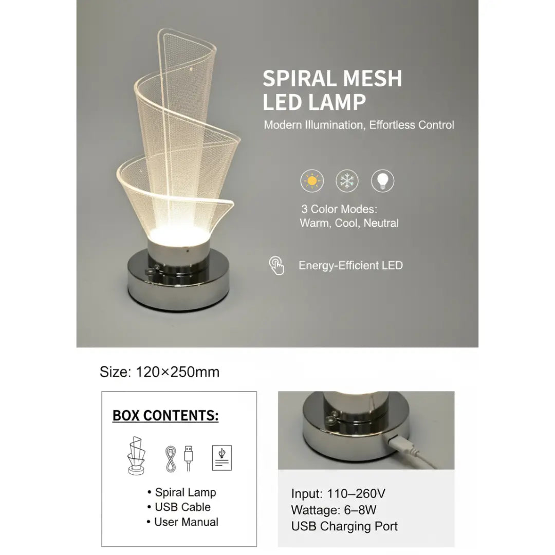 FUTURKART Modern Spiral Bedside Lamp – 3‑Mode LED, Touch Button, Premium Chrome Acrylic Body