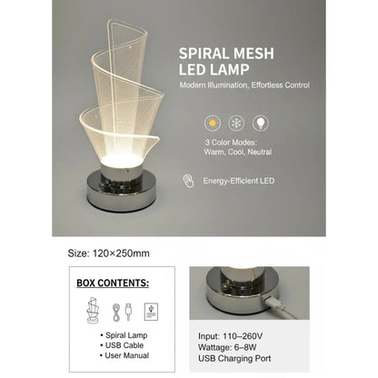 FUTURKART Modern Spiral Bedside Lamp – 3‑Mode LED, Touch Button, Premium Chrome Acrylic Body