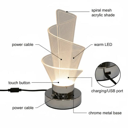 FUTURKART Modern Spiral Bedside Lamp – 3‑Mode LED, Touch Button, Premium Chrome Acrylic Body
