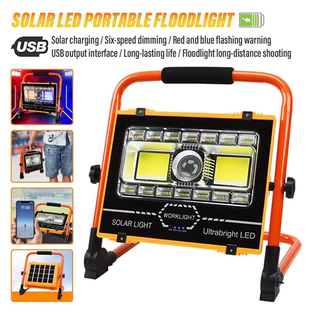 Solar LED portable floodlight with USB charging and multiple features on a white background