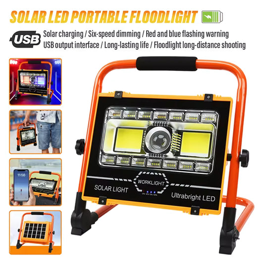 Solar LED portable floodlight with USB charging and multiple features on a white background