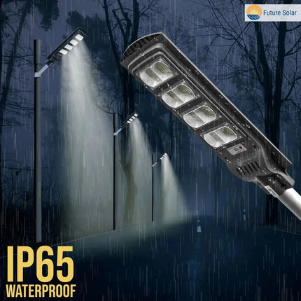 Street light with 'Futurkart' branding in a dark, rainy outdoor setting, highlighting the waterproof feature.