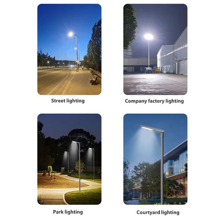 200W LED solar street light illuminating garden pathway and residential outdoor area at night
