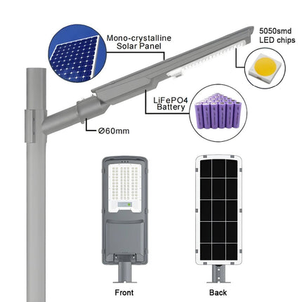 Side view of 200W solar street light featuring durable construction and high-brightness LED technology