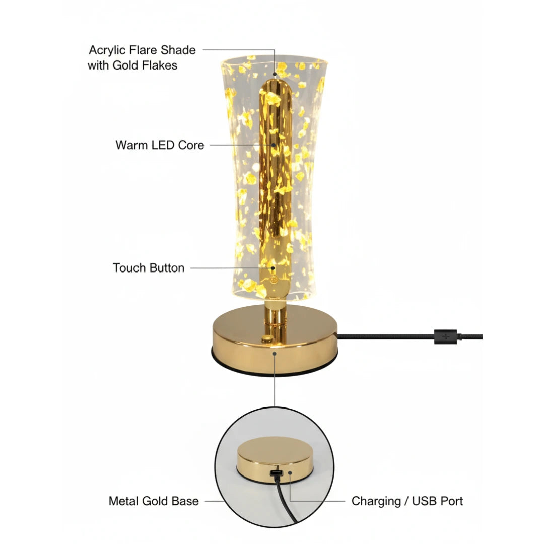 FUTURKART Crystal Glow Gold Acrylic Lamp – Portable, 3‑Mode LED, Touch Control for Bedside & Desk