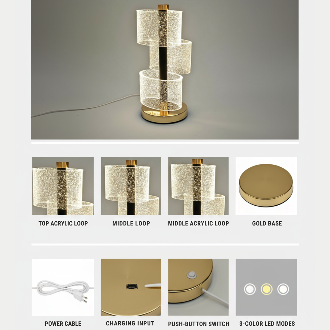 FUTURKART Modern Spiral Rechargeable Table Lamp – 3‑Mode LED, Push Button, Gold Acrylic Design