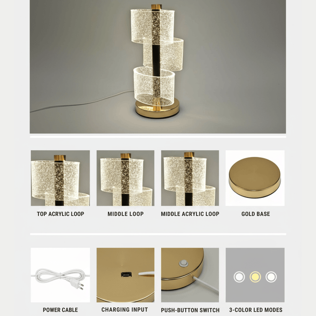 FUTURKART Modern Spiral Rechargeable Table Lamp – 3‑Mode LED, Push Button, Gold Acrylic Design - FUTURKART