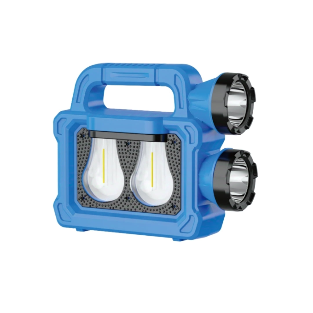 Blue portable floodlight with two light bulbs. camping light