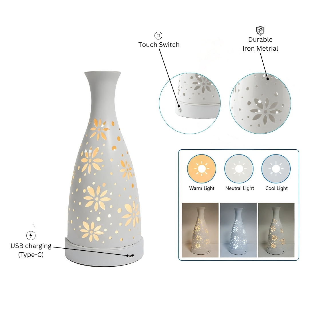 Futurkart Rechargeable LED Table Lamp in Flower Pot Shape, White (Touch Control, 3-Color Modes, USB Charging) – Elegant Iron Body