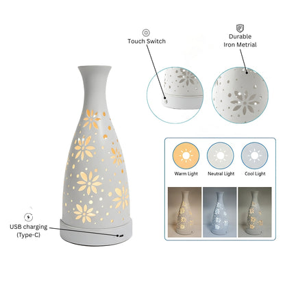 Futurkart Rechargeable LED Table Lamp in Flower Pot Shape, White (Touch Control, 3-Color Modes, USB Charging) – Elegant Iron Body