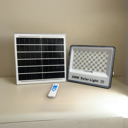 200W solar light with solar panel and remote control on a neutral background