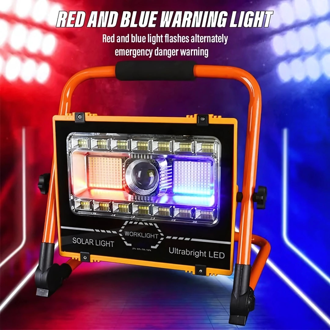Solar worklight with red and blue warning light on a colorful background