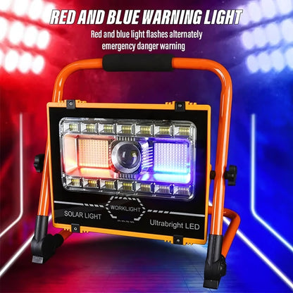 Solar worklight with red and blue warning light on a colorful background