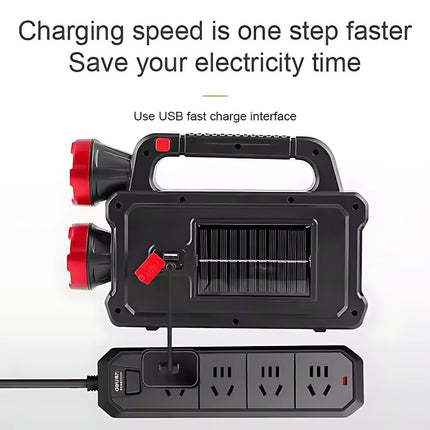 Black and red portable power station with solar panel and USB charger 