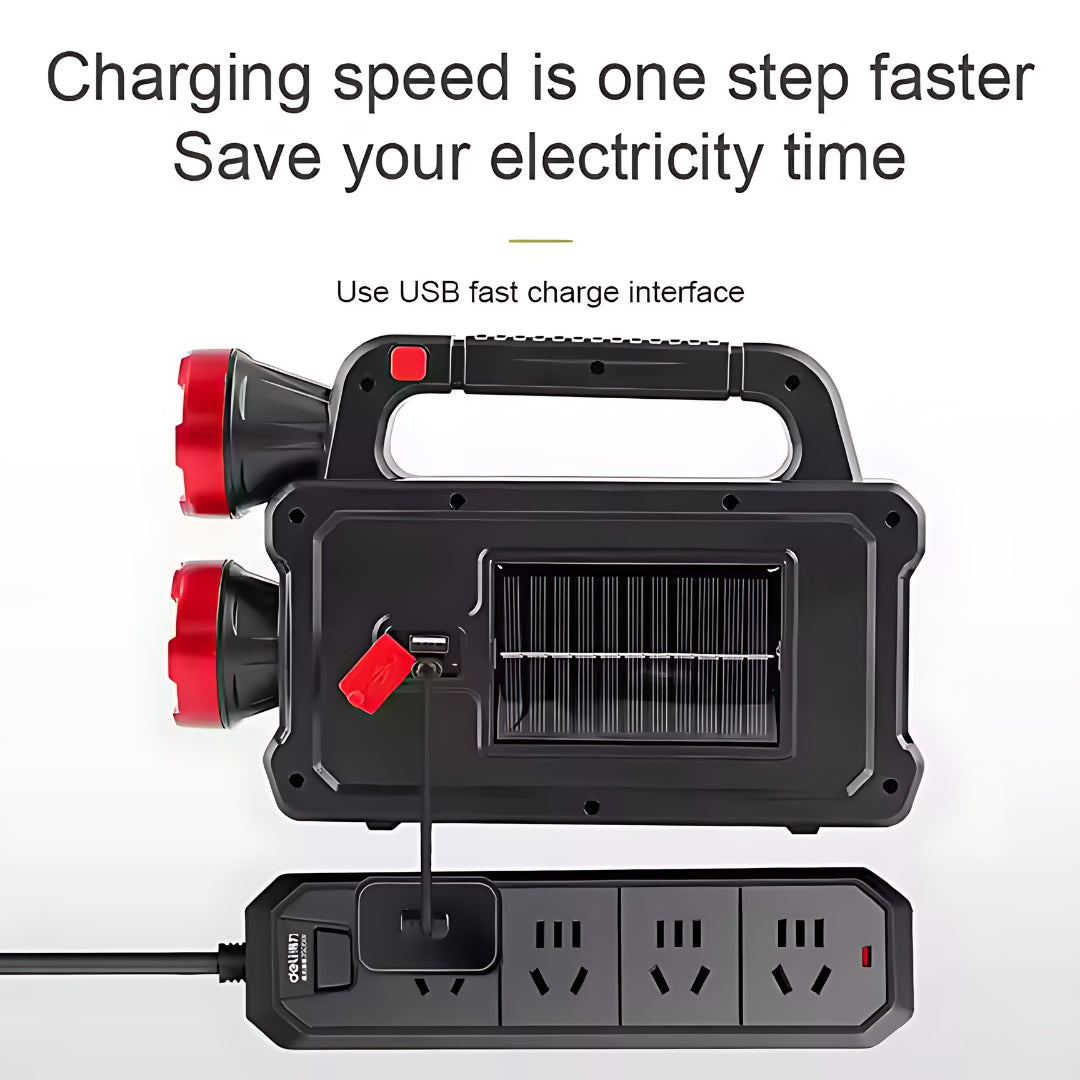 Black and red portable power station with solar panel and USB charger 