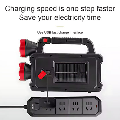 Black and red portable power station with solar panel and USB charger 