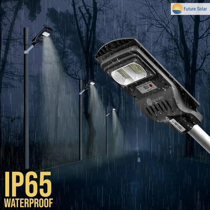 Street light with 'Futurkart' branding and IP65 waterproof label in a dark, rainy outdoor setting.