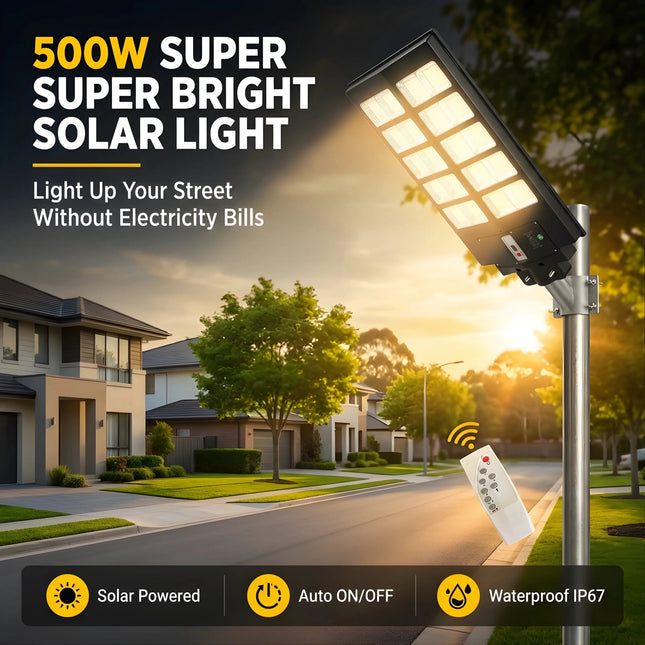 500W Solar Street Light Outdoor All - in - One | 1152 LED, Remote Control, IP67 Waterproof, Dusk to Dawn, 12H Backup – Buy Street Light Online at FUTURKART