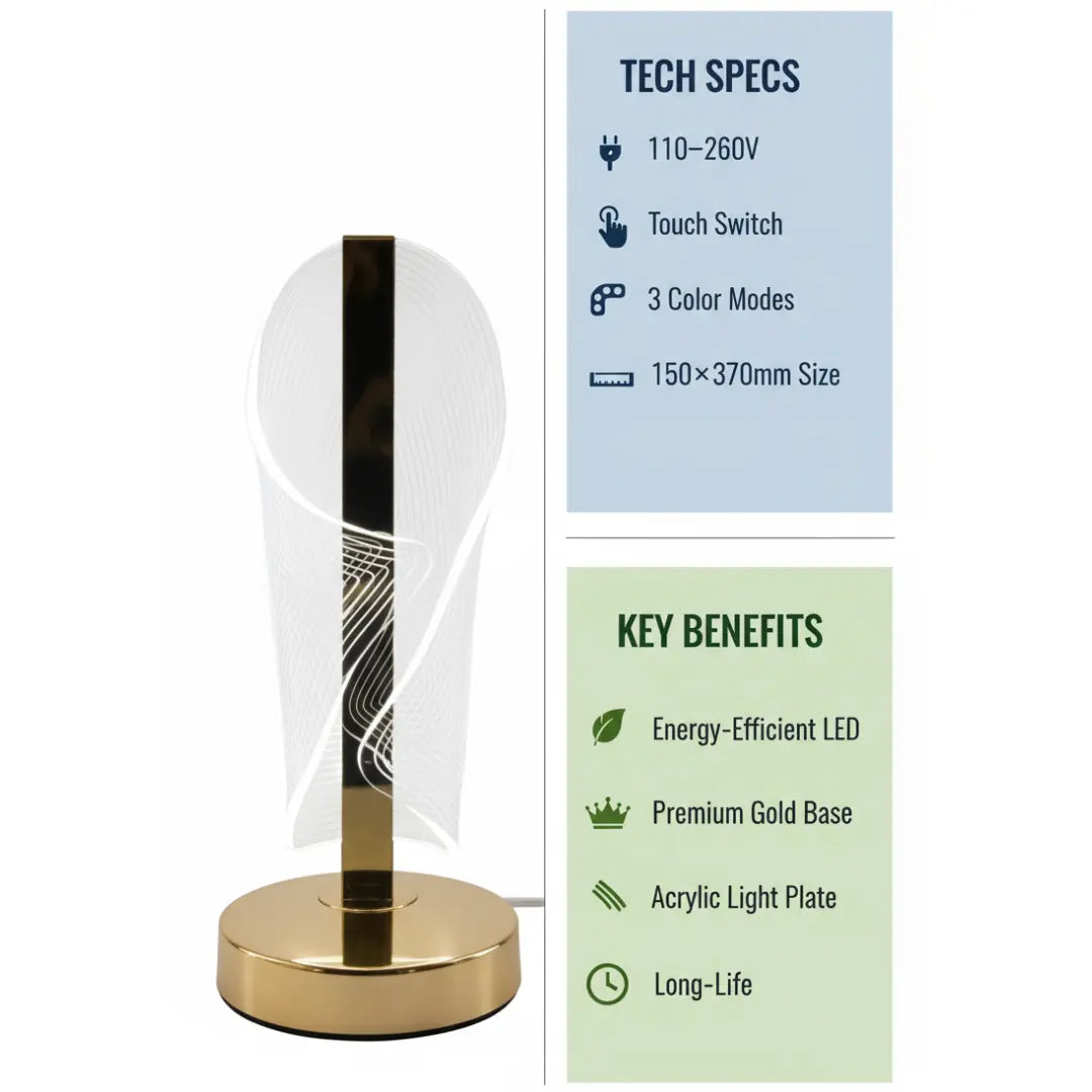 FUTURKART Spiral Glow Table Lamp – 3‑Mode LED, Gold Base, Clear Acrylic Panel, Push Button Control
