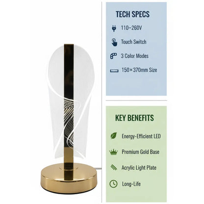 FUTURKART Spiral Glow Table Lamp – 3‑Mode LED, Gold Base, Clear Acrylic Panel, Push Button Control