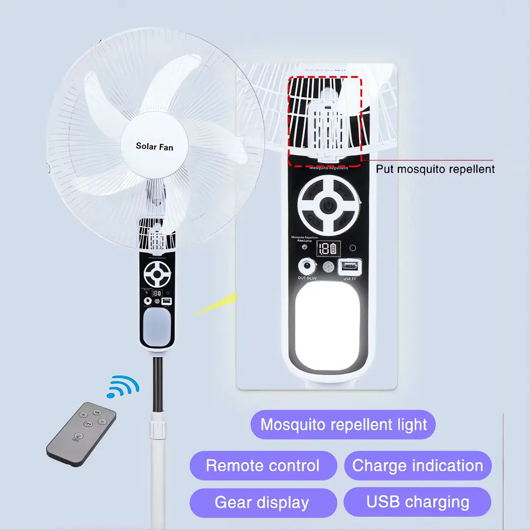 FUTURKART 16-Inch Solar Fan with Remote Control | 20W Solar Panel, Rechargeable 6*2400mAh Battery, Night Light & Mosquito Repellent Function