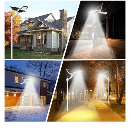 Collage of solar street lights in various outdoor settings including a house, sidewalk, and street.