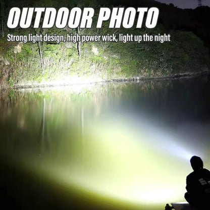 Person using a flashlight to light up a dark forest lake at night.