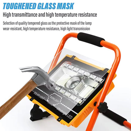 Solar light with toughened glass mask, hammer, and text about high transmittance and temperature resistance.