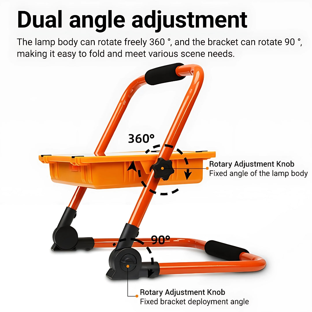 Orange adjustable stand with dual angle adjustment features on a white background
