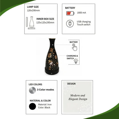 Futurkart Rechargeable LED Table Lamp in Flower Pot Shape, Black (Touch Control, 3-Color Modes, USB Charging) – Elegant Iron Body