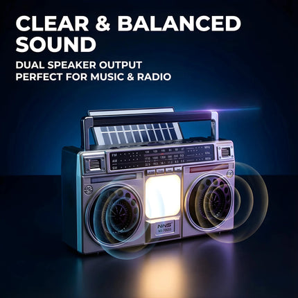 Front view of FuturKart Solar FM Radio with Bluetooth speaker, AM/FM tuner and built-in LED emergency light