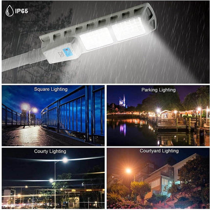 LED light bar with raindrop symbol, shown in use on a bridge, lake, and courtyard at night.