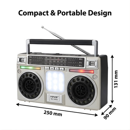 Solar FM radio in India featuring rechargeable 1200mAh battery, Bluetooth connectivity and dual charging options