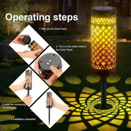Automatic solar ground light for garden pathways and outdoor areas.