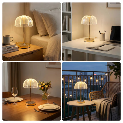 Modern rechargeable bedside lamp with stylish spiral design.