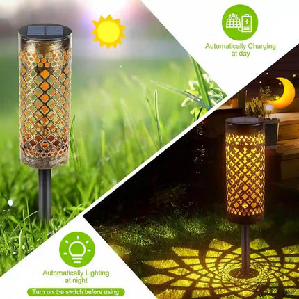 Decorative iron solar ground light for outdoor spaces.