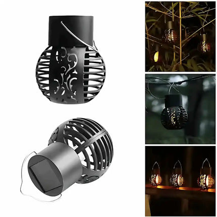 Decorative solar flame lantern for outdoor garden and patio lighting.