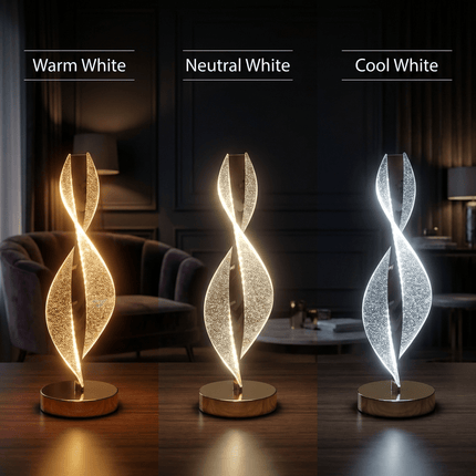 Futurkart Modern Spiral Table Lamp with Gold Acrylic Design and 3 Lighting Modes.