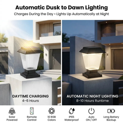 Solar gate light for home with RGB color changing and remote control.