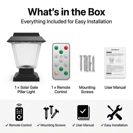 Solar Gate Pillar Light with Remote Control |RGB Color Modes | IP65 Waterproof | Auto Dusk to Dawn Outdoor Solar Lamp