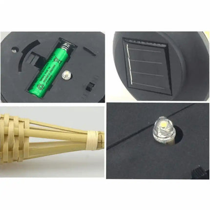 Flickering flame solar torch light with warm amber glow.