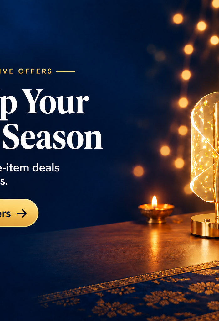 Futurkart festive offers banner featuring a glowing gold table lamp, lit diyas and special-price and free-item deals on selected products.