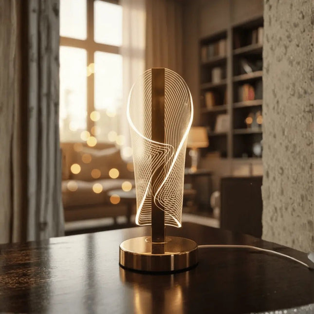 Futurkart Spiral Glow decorative table lamp with elegant gold finish and clear acrylic panel.